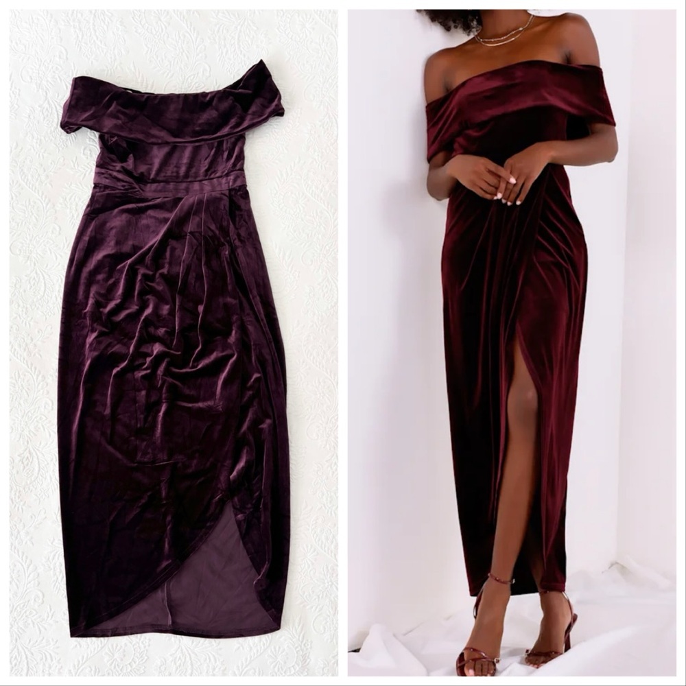 NWOT Lulus I'm Enchanted Burgundy Velvet Off-the-Shoulder Maxi Dress Med…